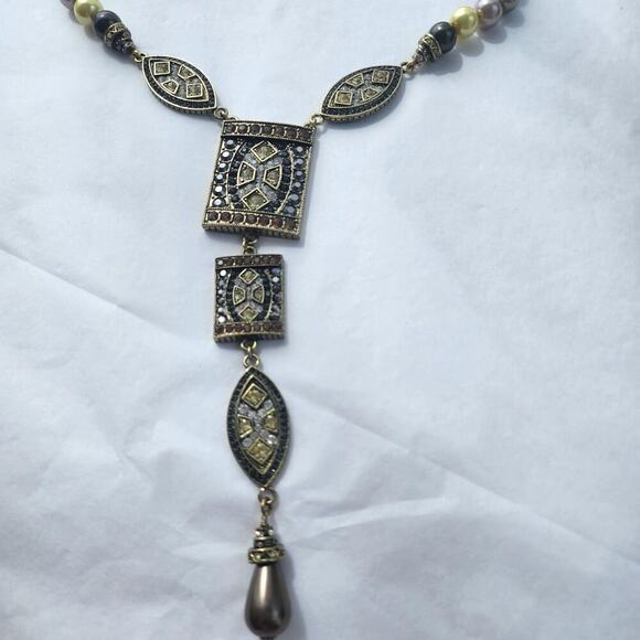 Designer Heidi Daus Statement Necklace CRYSTAL MULTI COLOR 12MM PEARL Tan Gold - Picture 8 of 12